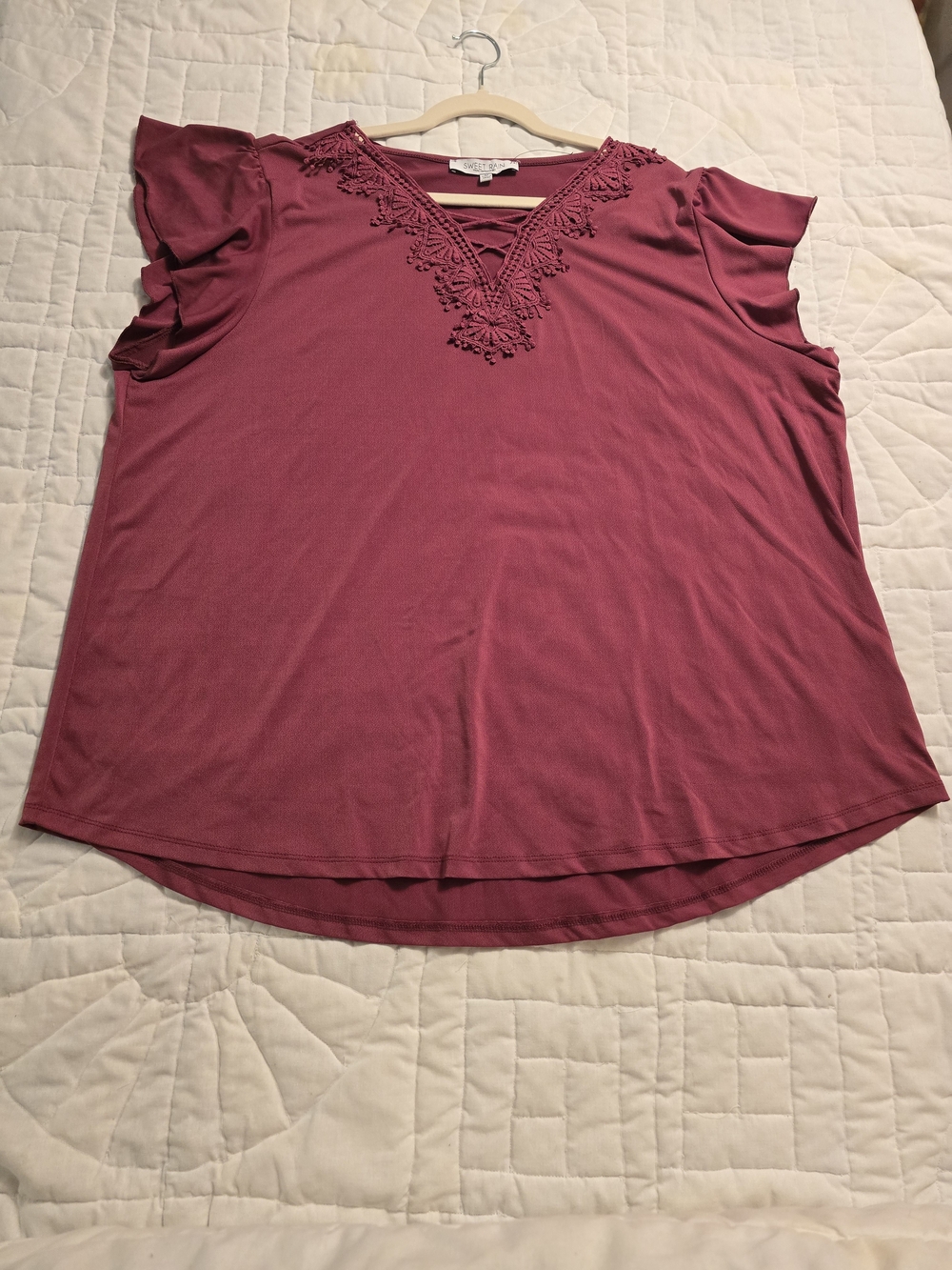 Sweet Rain Lace-Trim V-Neck Flutter Sleeve Top - Raspberry